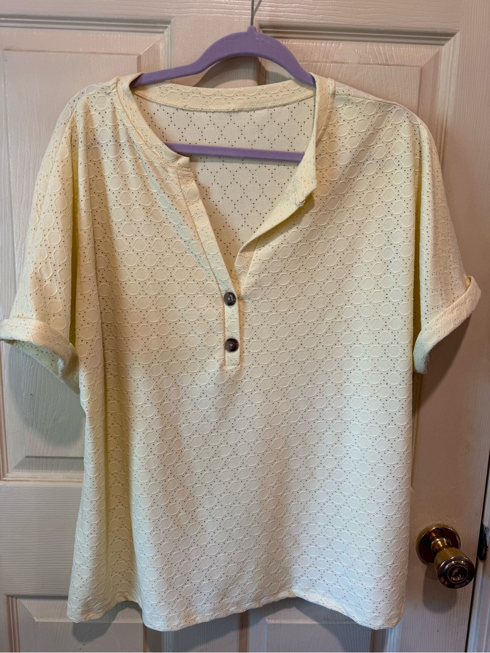 SHEIN Cream Eyelet Henley Blouse with Button Placket